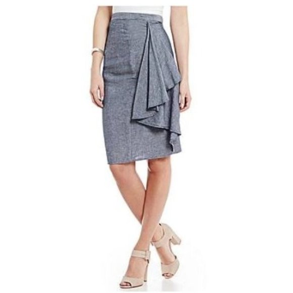 NWT Women's Halston Pencil Skirt Linen Chambray  Blue Denim Color  Size 4 - Picture 1 of 12